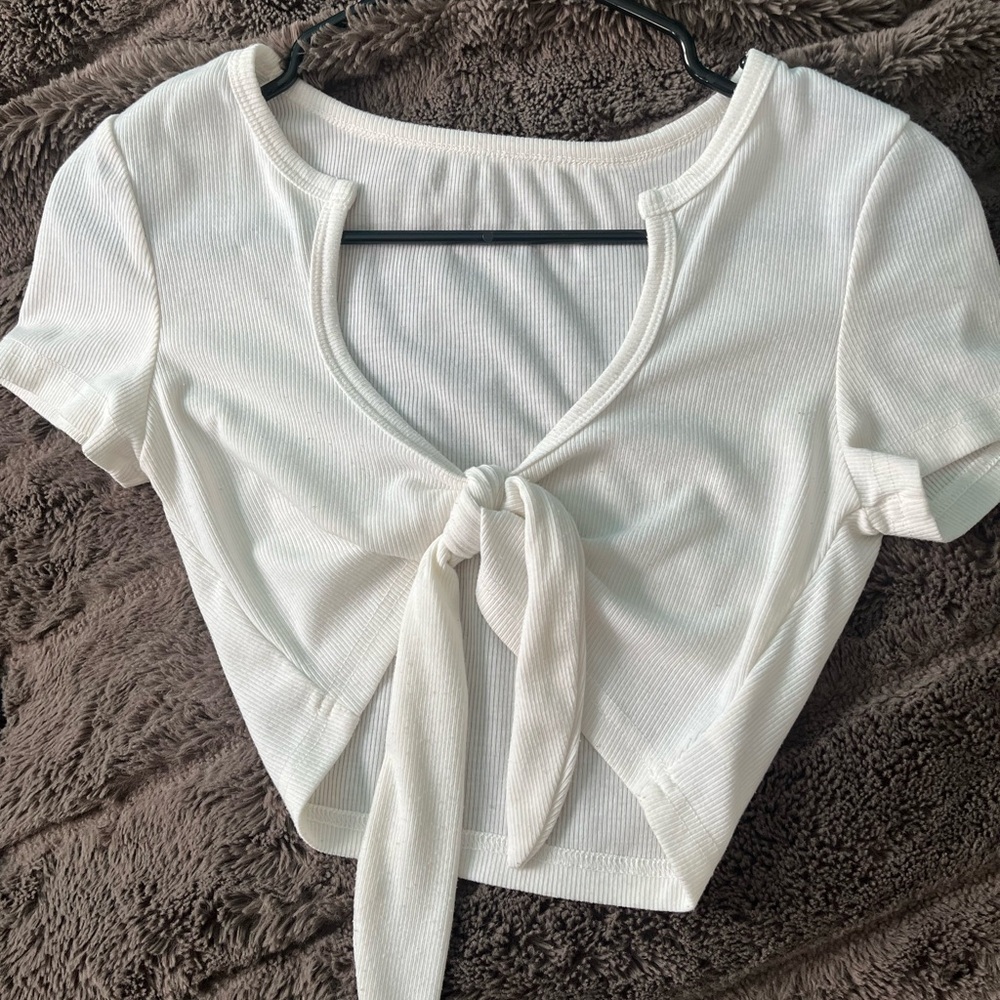 White Tie-Front Ribbed Crop Top